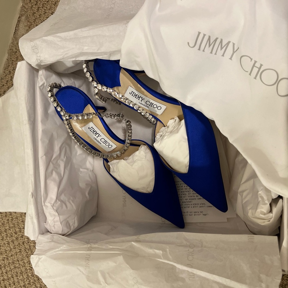Jimmy Choo Saeda 85 Royal Blue Satin Heels with Crystal Strap - Picture 2 of 6